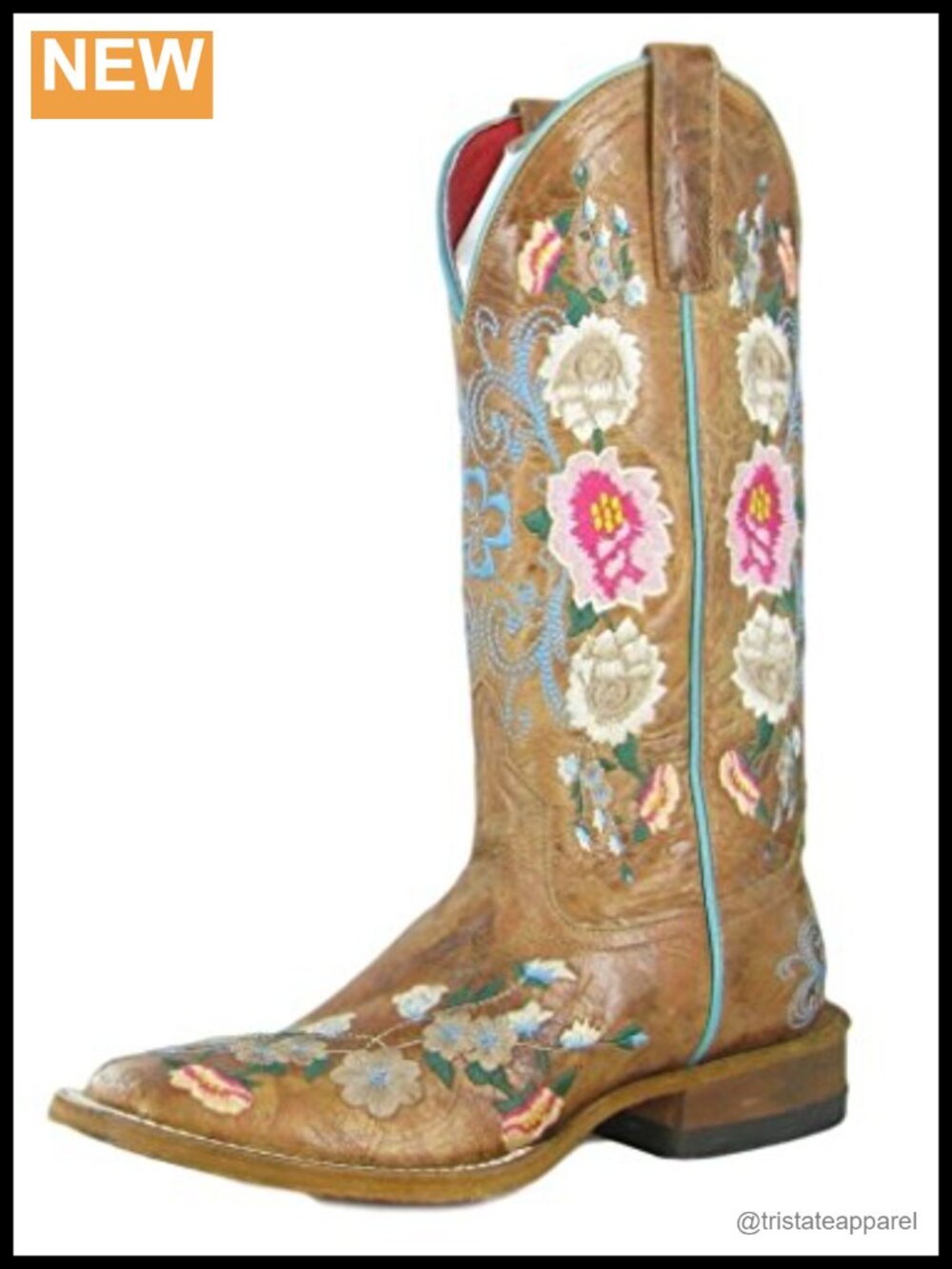 Women's Mid-Calf Western Boots - Distressed Leather Floral Embroidered Broad